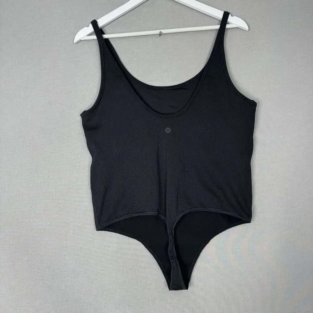 Lululemon Womens Top 12 Black Ebb to Street Bodysuit Rib Thong Back Built in Bra